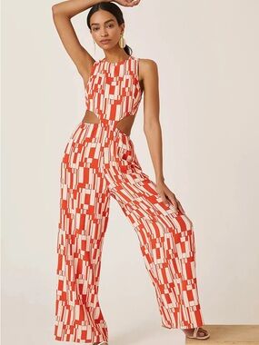 Anthropologie, Cutout Wide-Leg Jumpsuit in Red-White Geo Print size L